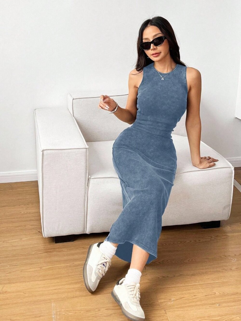 Blue Casual Women's acid wash Sleeveless Round Neck Tank Dress - Picture 5 of 6